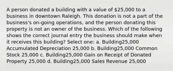 A person donated a building with a value of 25,000 to a business in downtown Raleigh. This donation is not a part of the business's on-going operations, and the person donating this property is not an owner of the business. Which of the following shows the correct journal entry the business should make when it receives this building? Select one: a. Building25,000 Accumulated Depreciation 25,000 b. Building25,000 Common Stock 25,000 c. Building25,000 Gain on Receipt of Donated Property 25,000 d. Building25,000 Sales Revenue 25,000