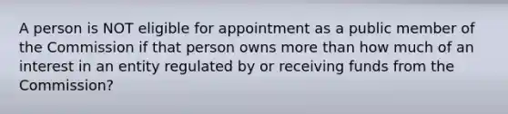 A person is NOT eligible for appointment as a public member of the Commission if that person owns more than how much of an interest in an entity regulated by or receiving funds from the Commission?