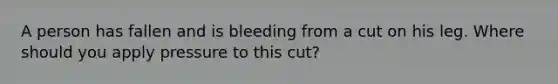 A person has fallen and is bleeding from a cut on his leg. Where should you apply pressure to this cut?