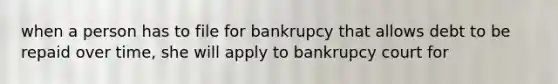 when a person has to file for bankrupcy that allows debt to be repaid over time, she will apply to bankrupcy court for