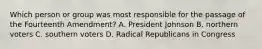 Which person or group was most responsible for the passage of the Fourteenth Amendment? A. President Johnson B. northern voters C. southern voters D. Radical Republicans in Congress