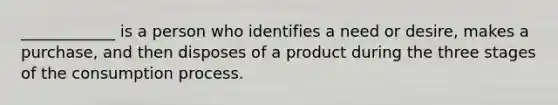 ____________ is a person who identifies a need or desire, makes a purchase, and then disposes of a product during the three stages of the consumption process.