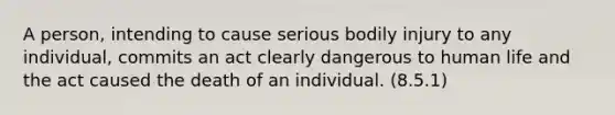 A person, intending to cause serious bodily injury to any individual, commits an act clearly dangerous to human life and the act caused the death of an individual. (8.5.1)