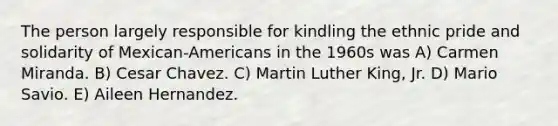 The person largely responsible for kindling the ethnic pride and solidarity of Mexican-Americans in the 1960s was A) Carmen Miranda. B) Cesar Chavez. C) Martin Luther King, Jr. D) Mario Savio. E) Aileen Hernandez.