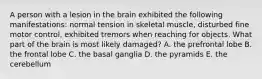 A person with a lesion in the brain exhibited the following manifestations: normal tension in skeletal muscle, disturbed fine motor control, exhibited tremors when reaching for objects. What part of the brain is most likely damaged? A. the prefrontal lobe B. the frontal lobe C. the basal ganglia D. the pyramids E. the cerebellum