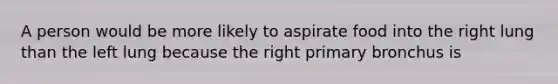 A person would be more likely to aspirate food into the right lung than the left lung because the right primary bronchus is