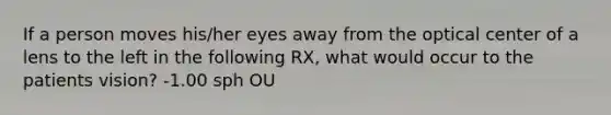 If a person moves his/her eyes away from the optical center of a lens to the left in the following RX, what would occur to the patients vision? -1.00 sph OU