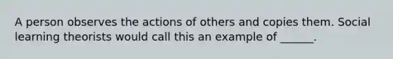 A person observes the actions of others and copies them. Social learning theorists would call this an example of ______.