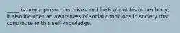 _____ is how a person perceives and feels about his or her body; it also includes an awareness of social conditions in society that contribute to this self-knowledge.