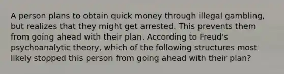 A person plans to obtain quick money through illegal gambling, but realizes that they might get arrested. This prevents them from going ahead with their plan. According to Freud's psychoanalytic theory, which of the following structures most likely stopped this person from going ahead with their plan?