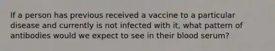 If a person has previous received a vaccine to a particular disease and currently is not infected with it, what pattern of antibodies would we expect to see in their blood serum?