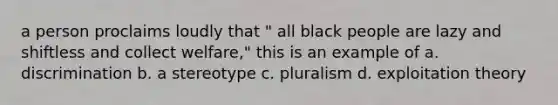 a person proclaims loudly that " all black people are lazy and shiftless and collect welfare," this is an example of a. discrimination b. a stereotype c. pluralism d. exploitation theory