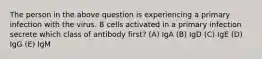 The person in the above question is experiencing a primary infection with the virus. B cells activated in a primary infection secrete which class of antibody first? (A) IgA (B) IgD (C) IgE (D) IgG (E) IgM