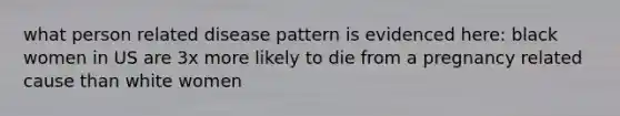 what person related disease pattern is evidenced here: black women in US are 3x more likely to die from a pregnancy related cause than white women