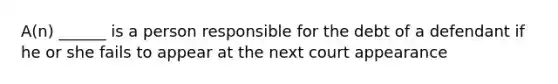 A(n) ______ is a person responsible for the debt of a defendant if he or she fails to appear at the next court appearance