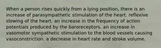 When a person rises quickly from a lying position, there is an increase of parasympathetic stimulation of the heart. reflexive slowing of the heart. an increase in the frequency of action potentials produced by the baroreceptors. an increase in vasomotor sympathetic stimulation to the blood vessels causing vasoconstriction. a decrease in heart rate and stroke volume.