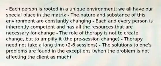 - Each person is rooted in a unique environment: we all have our special place in the matrix - The nature and substance of this environment are constantly changing - Each and every person is inherently competent and has all the resources that are necessary for change - The role of therapy is not to create change, but to amplify it (the pre-session change) - Therapy need not take a long time (2-6 sessions) - The solutions to one's problems are found in the exceptions (when the problem is not affecting the client as much)