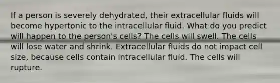 If a person is severely dehydrated, their extracellular fluids will become hypertonic to the intracellular fluid. What do you predict will happen to the person's cells? The cells will swell. The cells will lose water and shrink. Extracellular fluids do not impact cell size, because cells contain intracellular fluid. The cells will rupture.