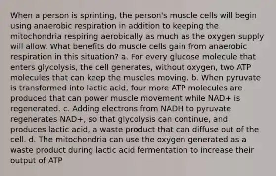 When a person is sprinting, the person's muscle cells will begin using anaerobic respiration in addition to keeping the mitochondria respiring aerobically as much as the oxygen supply will allow. What benefits do muscle cells gain from anaerobic respiration in this situation? a. For every glucose molecule that enters glycolysis, the cell generates, without oxygen, two ATP molecules that can keep the muscles moving. b. When pyruvate is transformed into lactic acid, four more ATP molecules are produced that can power muscle movement while NAD+ is regenerated. c. Adding electrons from NADH to pyruvate regenerates NAD+, so that glycolysis can continue, and produces lactic acid, a waste product that can diffuse out of the cell. d. The mitochondria can use the oxygen generated as a waste product during lactic acid fermentation to increase their output of ATP