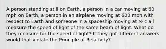 A person standing still on Earth, a person in a car moving at 60 mph on Earth, a person in an airplane moving at 600 mph with respect to Earth and someone in a spaceship moving at ½ c all measure the speed of light of the same beam of light. What do they measure for the speed of light? If they got different answers would that violate the Principle of Relativity?