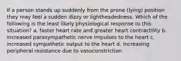 If a person stands up suddenly from the prone (lying) position they may feel a sudden dizzy or lightheadedness. Which of the following is the least likely physiological response to this situation? a. faster heart rate and greater heart contractility b. increased parasympathetic nerve impulses to the heart c. increased sympathetic output to the heart d. increasing peripheral resistance due to vasoconstriction