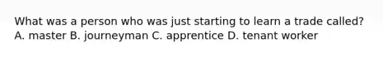 What was a person who was just starting to learn a trade called? A. master B. journeyman C. apprentice D. tenant worker