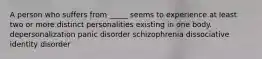 A person who suffers from _____ seems to experience at least two or more distinct personalities existing in one body. depersonalization panic disorder schizophrenia dissociative identity disorder