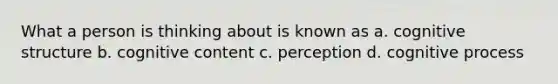 What a person is thinking about is known as a. cognitive structure b. cognitive content c. perception d. cognitive process