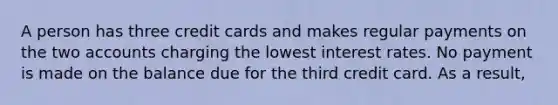 A person has three credit cards and makes regular payments on the two accounts charging the lowest interest rates. No payment is made on the balance due for the third credit card. As a result,