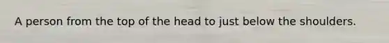 A person from the top of the head to just below the shoulders.