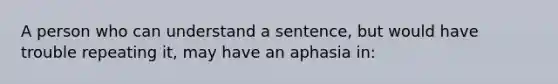 A person who can understand a sentence, but would have trouble repeating it, may have an aphasia in: