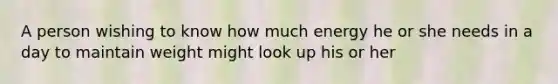 A person wishing to know how much energy he or she needs in a day to maintain weight might look up his or her