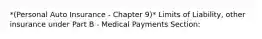 *(Personal Auto Insurance - Chapter 9)* Limits of Liability, other insurance under Part B - Medical Payments Section: