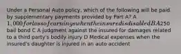 Under a Personal Auto policy, which of the following will be paid by supplementary payments provided by Part A? A 1,000 for loss of earnings when the insured is disabled B A250 bail bond C A judgment against the insured for damages related to a third party's bodily injury D Medical expenses when the insured's daughter is injured in an auto accident