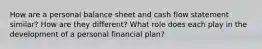 How are a personal balance sheet and cash flow statement similar? How are they different? What role does each play in the development of a personal financial plan?