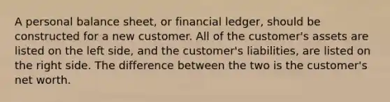 A personal balance sheet, or financial ledger, should be constructed for a new customer. All of the customer's assets are listed on the left side, and the customer's liabilities, are listed on the right side. The difference between the two is the customer's net worth.