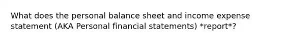 What does the personal balance sheet and income expense statement (AKA Personal financial statements) *report*?