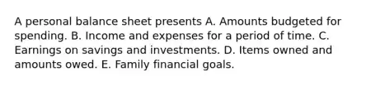 A personal balance sheet presents A. Amounts budgeted for spending. B. Income and expenses for a period of time. C. Earnings on savings and investments. D. Items owned and amounts owed. E. Family financial goals.