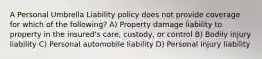 A Personal Umbrella Liability policy does not provide coverage for which of the following? A) Property damage liability to property in the insured's care, custody, or control B) Bodily injury liability C) Personal automobile liability D) Personal injury liability