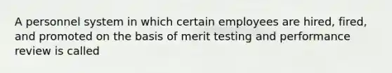 A personnel system in which certain employees are hired, fired, and promoted on the basis of merit testing and performance review is called