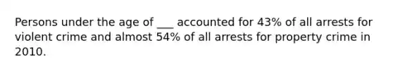 Persons under the age of ___ accounted for 43% of all arrests for violent crime and almost 54% of all arrests for property crime in 2010.