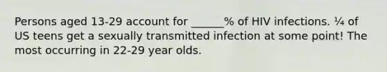 Persons aged 13-29 account for ______% of HIV infections. ¼ of US teens get a sexually transmitted infection at some point! The most occurring in 22-29 year olds.