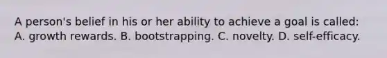 A person's belief in his or her ability to achieve a goal is called: A. growth rewards. B. bootstrapping. C. novelty. D. self-efficacy.