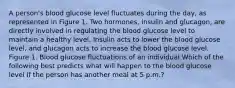 A person's blood glucose level fluctuates during the day, as represented in Figure 1. Two hormones, insulin and glucagon, are directly involved in regulating the blood glucose level to maintain a healthy level. Insulin acts to lower the blood glucose level, and glucagon acts to increase the blood glucose level. Figure 1. Blood glucose fluctuations of an individual Which of the following best predicts what will happen to the blood glucose level if the person has another meal at 5 p.m.?