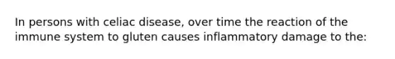 In persons with celiac disease, over time the reaction of the immune system to gluten causes inflammatory damage to the: