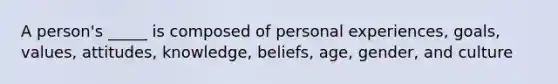 A person's _____ is composed of personal experiences, goals, values, attitudes, knowledge, beliefs, age, gender, and culture