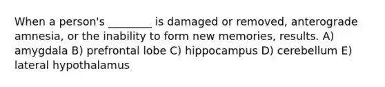 When a person's ________ is damaged or removed, anterograde amnesia, or the inability to form new memories, results. A) amygdala B) prefrontal lobe C) hippocampus D) cerebellum E) lateral hypothalamus