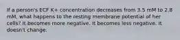 If a person's ECF K+ concentration decreases from 3.5 mM to 2.8 mM, what happens to the resting membrane potential of her cells? It becomes more negative. It becomes less negative. It doesn't change.