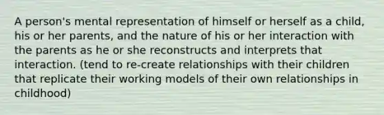 A person's mental representation of himself or herself as a child, his or her parents, and the nature of his or her interaction with the parents as he or she reconstructs and interprets that interaction. (tend to re-create relationships with their children that replicate their working models of their own relationships in childhood)