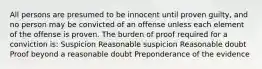 All persons are presumed to be innocent until proven guilty, and no person may be convicted of an offense unless each element of the offense is proven. The burden of proof required for a conviction is: Suspicion Reasonable suspicion Reasonable doubt Proof beyond a reasonable doubt Preponderance of the evidence